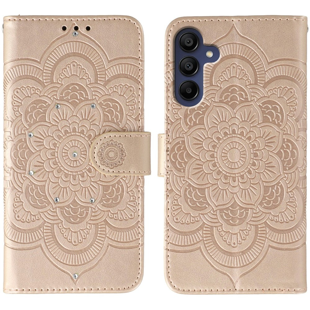 For Samsung Galaxy A57 5G Case Rhinestone Decor PU Leather Mandala Imprint Phone Cover with Wrist Strap - Rose Gold