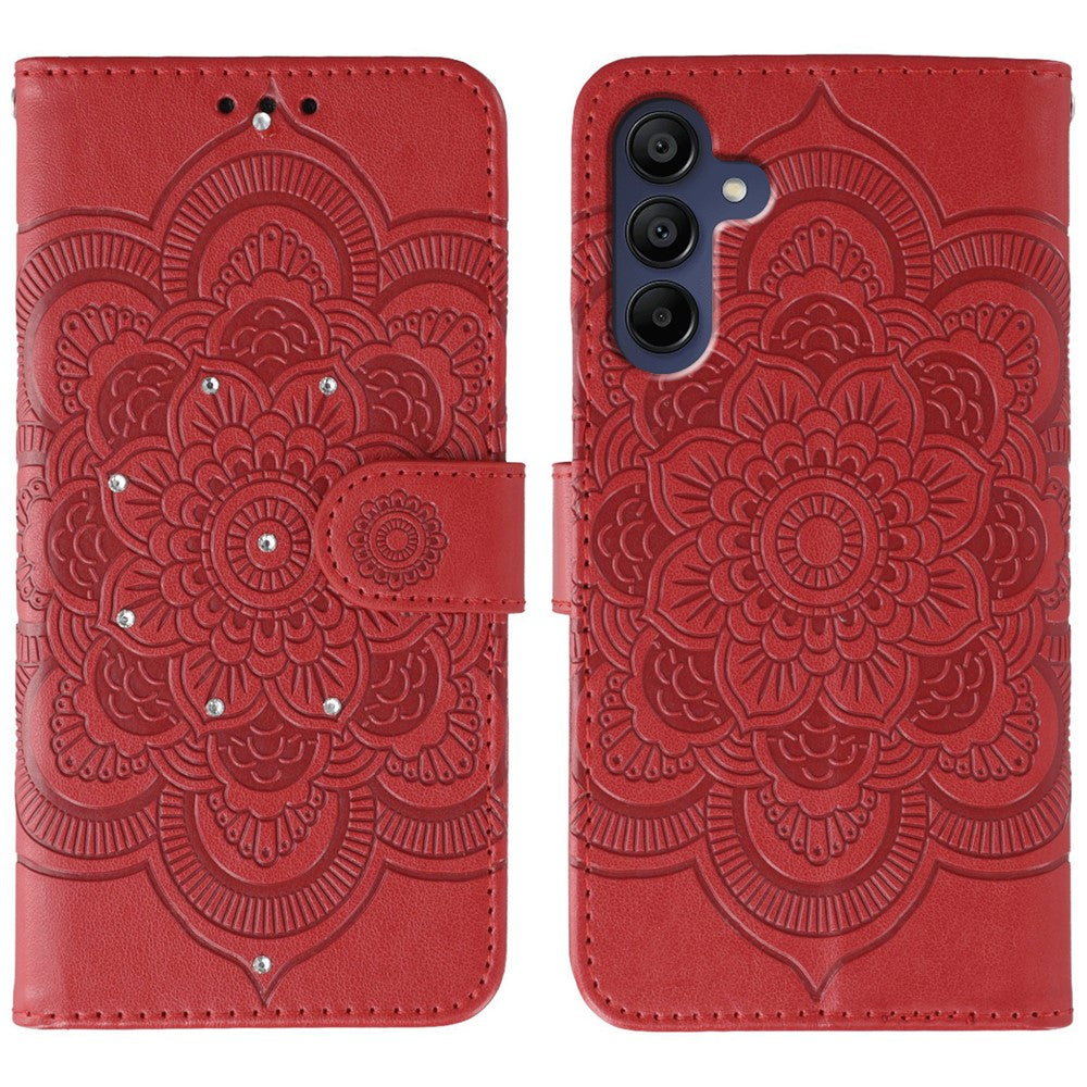 For Samsung Galaxy A57 5G Case Rhinestone Decor PU Leather Mandala Imprint Phone Cover with Wrist Strap - Red