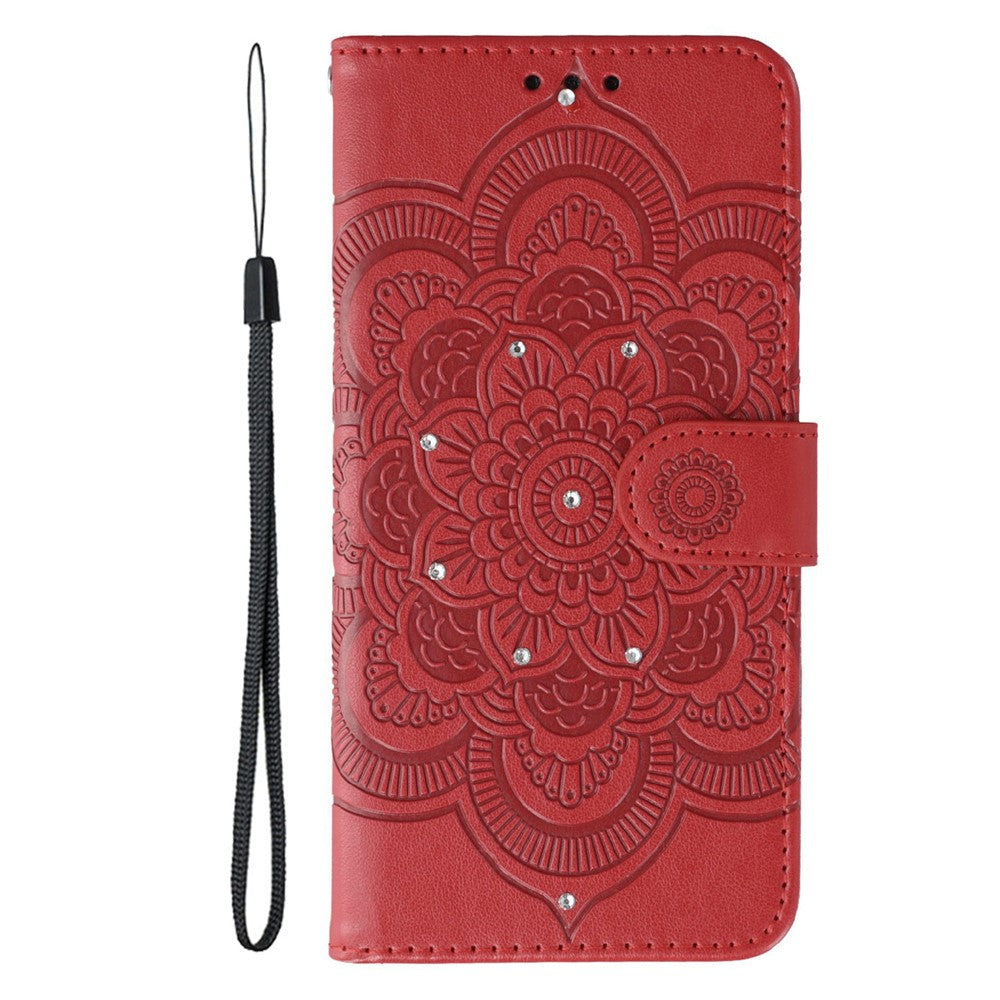 For Samsung Galaxy A57 5G Case Rhinestone Decor PU Leather Mandala Imprint Phone Cover with Wrist Strap - Red