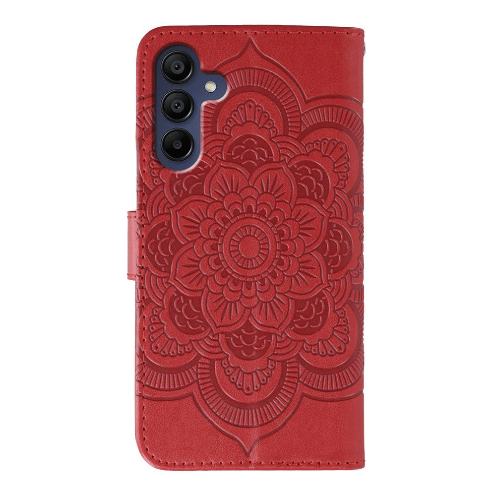 For Samsung Galaxy A57 5G Case Rhinestone Decor PU Leather Mandala Imprint Phone Cover with Wrist Strap - Red