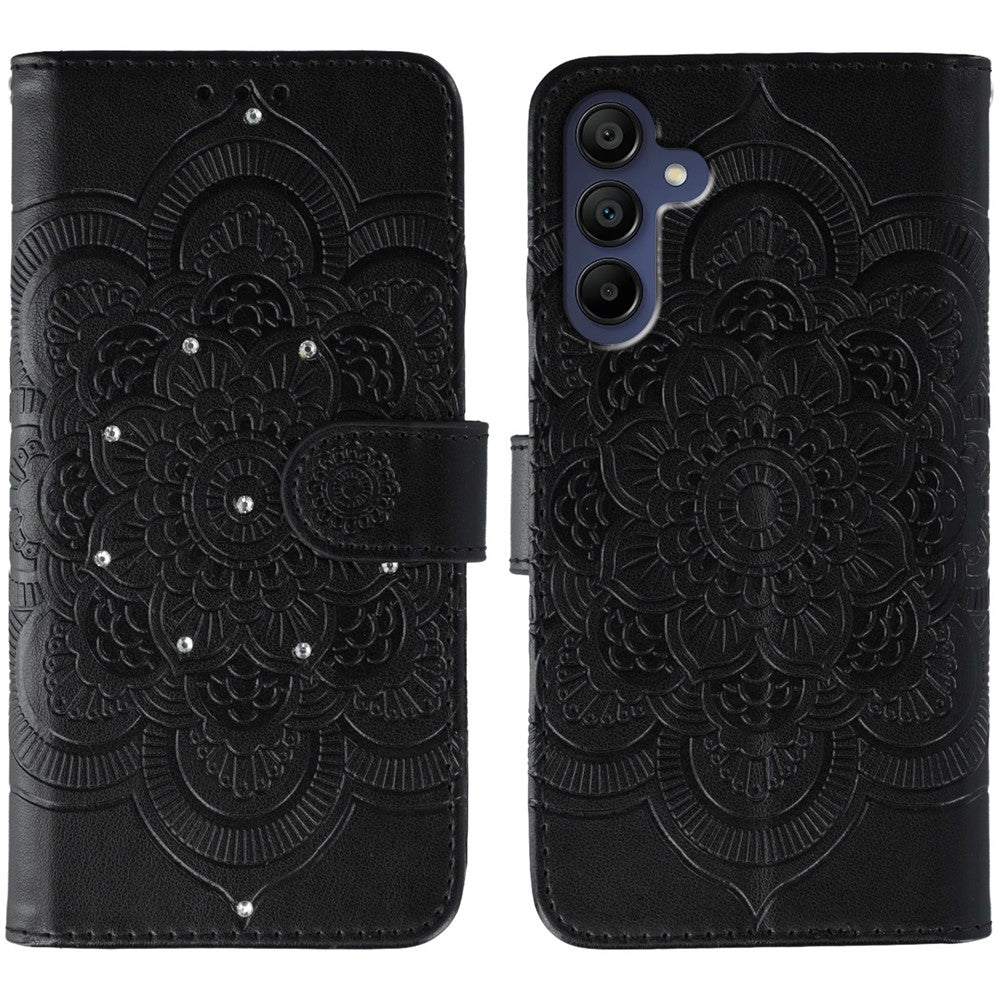 For Samsung Galaxy A57 5G Case Rhinestone Decor PU Leather Mandala Imprint Phone Cover with Wrist Strap - Black