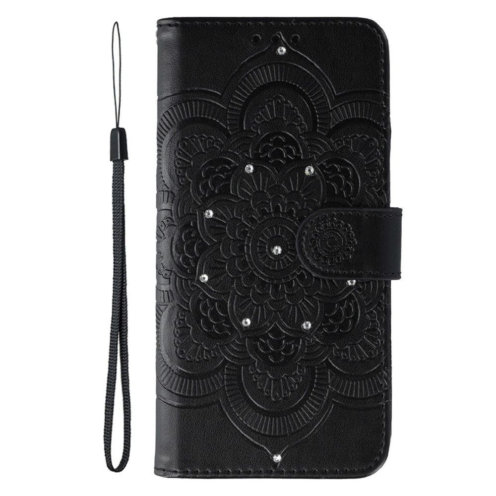 For Samsung Galaxy A57 5G Case Rhinestone Decor PU Leather Mandala Imprint Phone Cover with Wrist Strap - Black