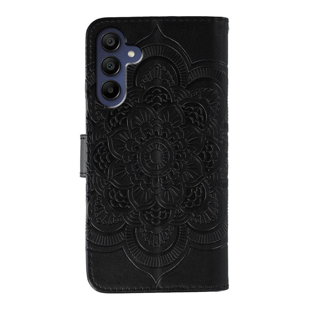 For Samsung Galaxy A57 5G Case Rhinestone Decor PU Leather Mandala Imprint Phone Cover with Wrist Strap - Black