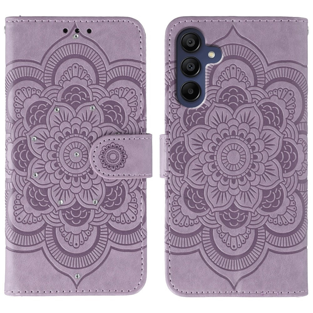 For Samsung Galaxy A57 5G Case Rhinestone Decor PU Leather Mandala Imprint Phone Cover with Wrist Strap - Purple