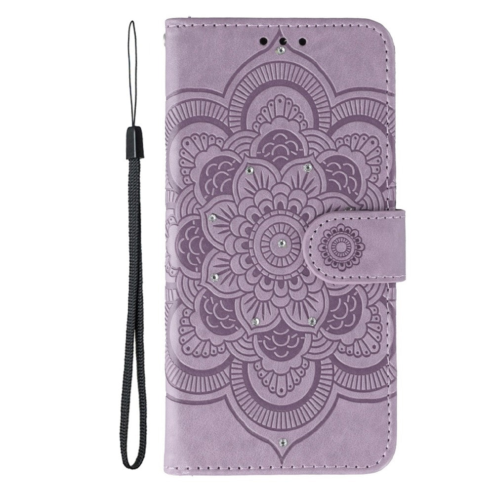 For Samsung Galaxy A57 5G Case Rhinestone Decor PU Leather Mandala Imprint Phone Cover with Wrist Strap - Purple