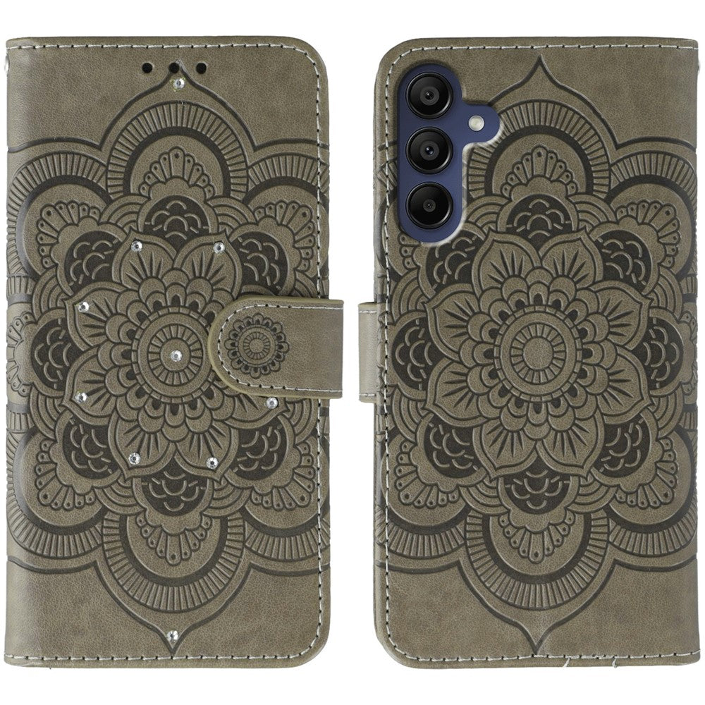 For Samsung Galaxy A57 5G Case Rhinestone Decor PU Leather Mandala Imprint Phone Cover with Wrist Strap - Grey