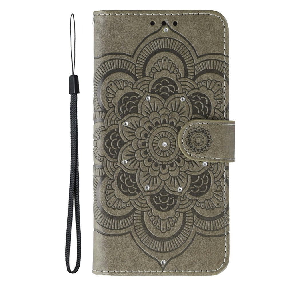 For Samsung Galaxy A57 5G Case Rhinestone Decor PU Leather Mandala Imprint Phone Cover with Wrist Strap - Grey