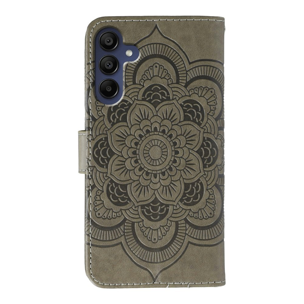 For Samsung Galaxy A57 5G Case Rhinestone Decor PU Leather Mandala Imprint Phone Cover with Wrist Strap - Grey