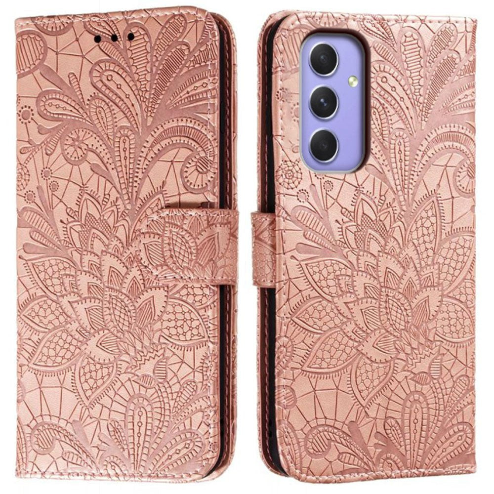 For Samsung Galaxy A57 5G Case Lace Flowers PU Leather Flip Wallet Phone Cover - Rose Gold