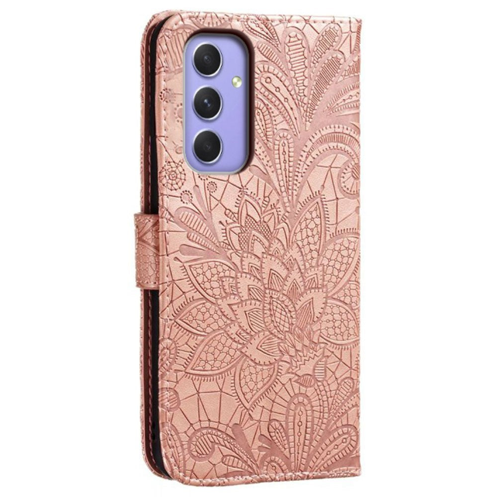 For Samsung Galaxy A57 5G Case Lace Flowers PU Leather Flip Wallet Phone Cover - Rose Gold
