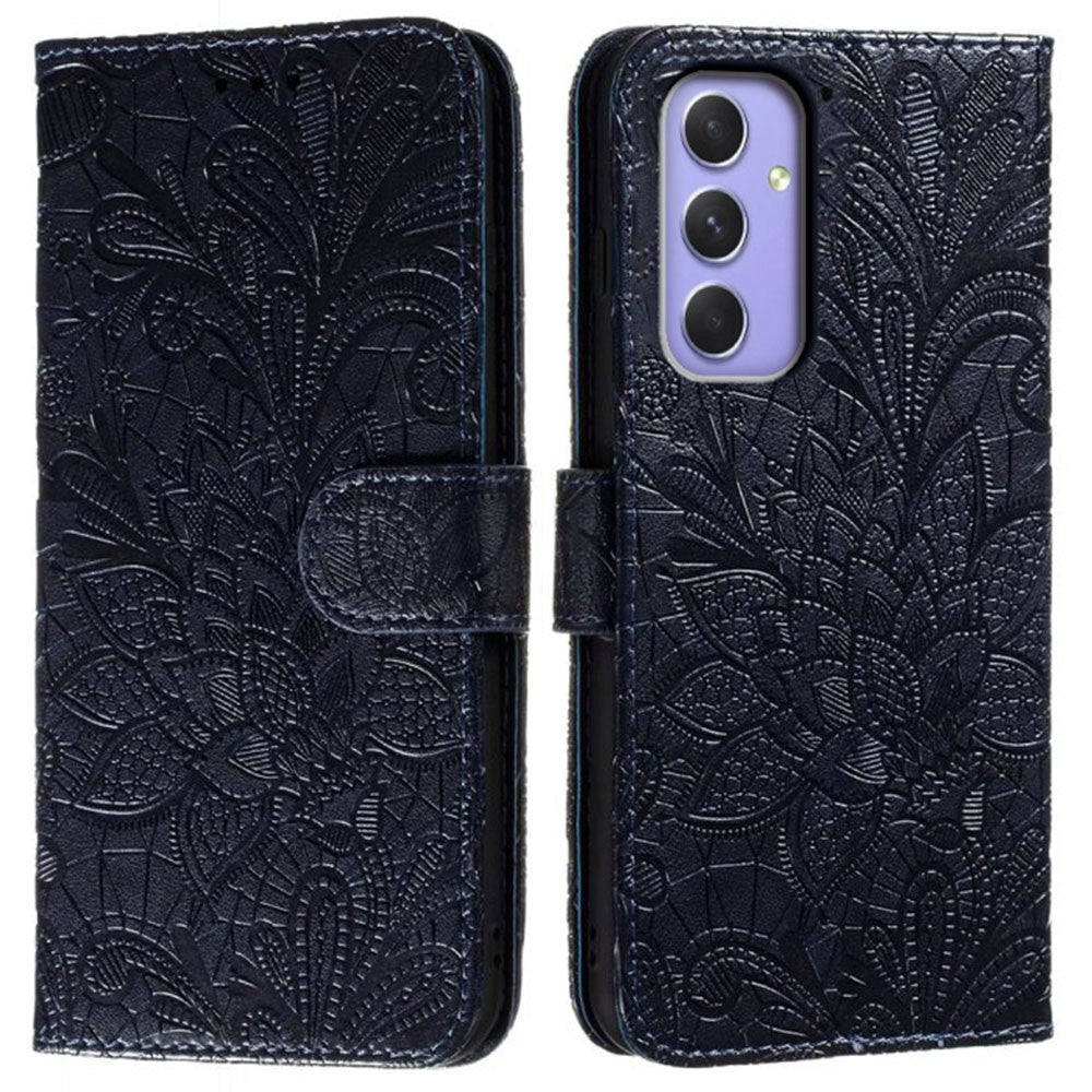 For Samsung Galaxy A57 5G Case Lace Flowers PU Leather Flip Wallet Phone Cover - Black