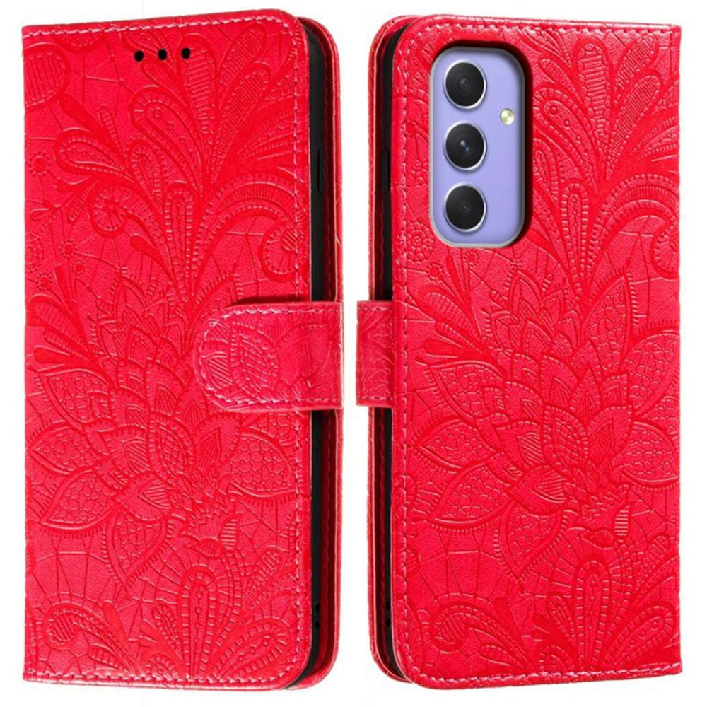 For Samsung Galaxy A57 5G Case Lace Flowers PU Leather Flip Wallet Phone Cover - Red