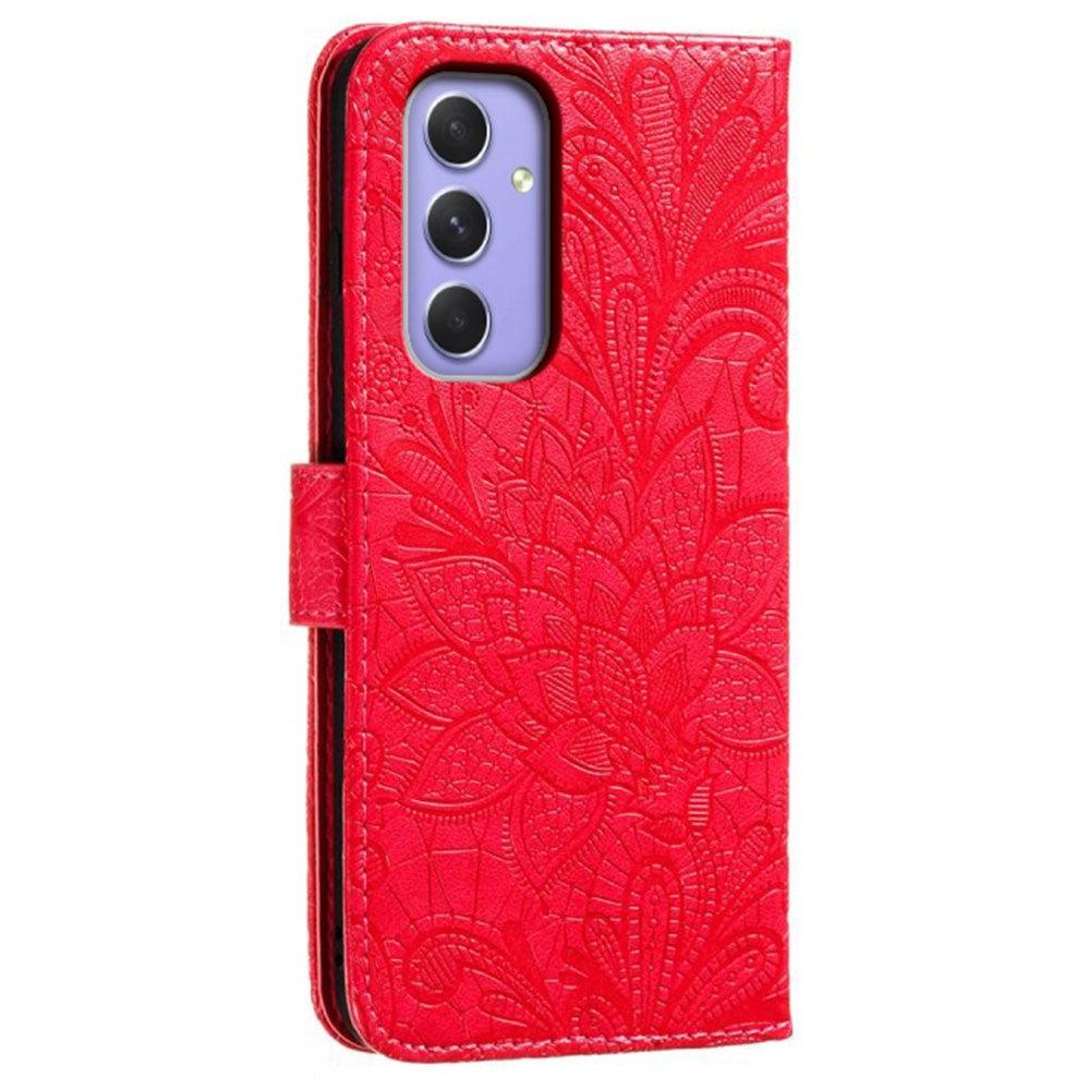 For Samsung Galaxy A57 5G Case Lace Flowers PU Leather Flip Wallet Phone Cover - Red