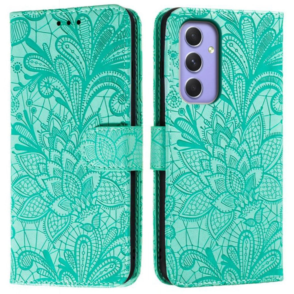 For Samsung Galaxy A57 5G Case Lace Flowers PU Leather Flip Wallet Phone Cover - Green