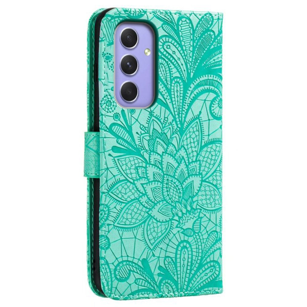 For Samsung Galaxy A57 5G Case Lace Flowers PU Leather Flip Wallet Phone Cover - Green