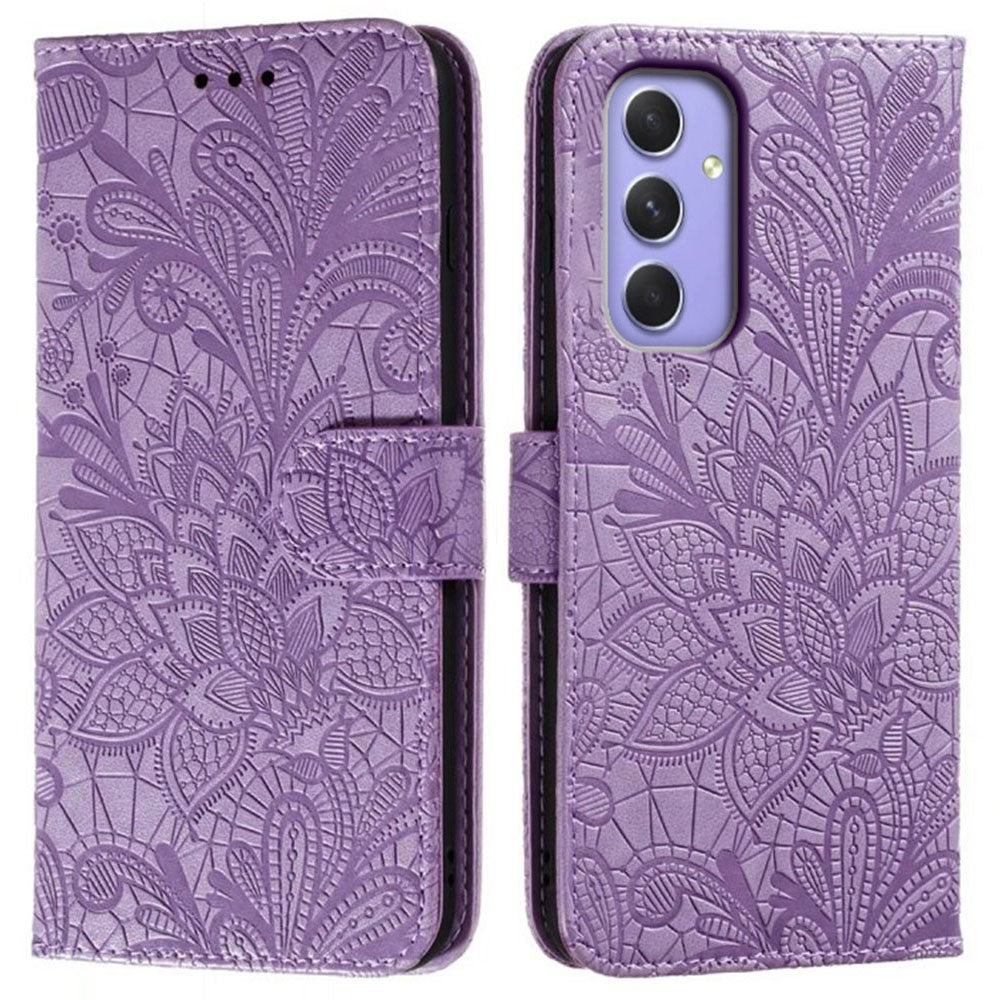 For Samsung Galaxy A57 5G Case Lace Flowers PU Leather Flip Wallet Phone Cover - Purple
