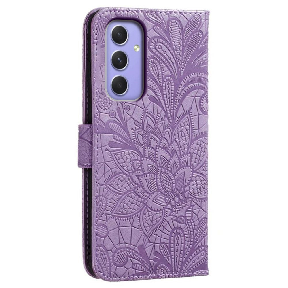 For Samsung Galaxy A57 5G Case Lace Flowers PU Leather Flip Wallet Phone Cover - Purple