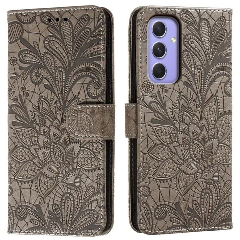 For Samsung Galaxy A57 5G Case Lace Flowers PU Leather Flip Wallet Phone Cover - Grey