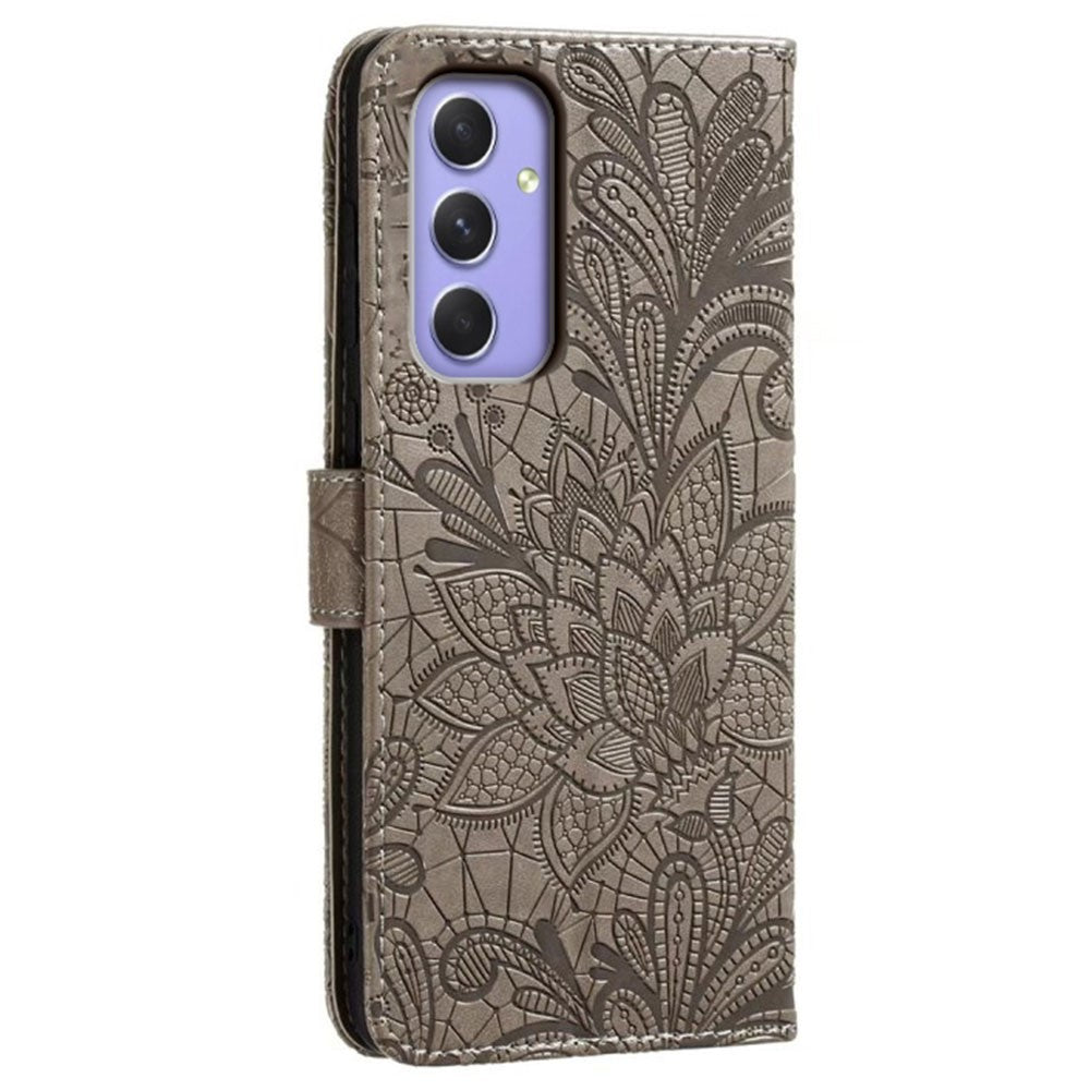 For Samsung Galaxy A57 5G Case Lace Flowers PU Leather Flip Wallet Phone Cover - Grey