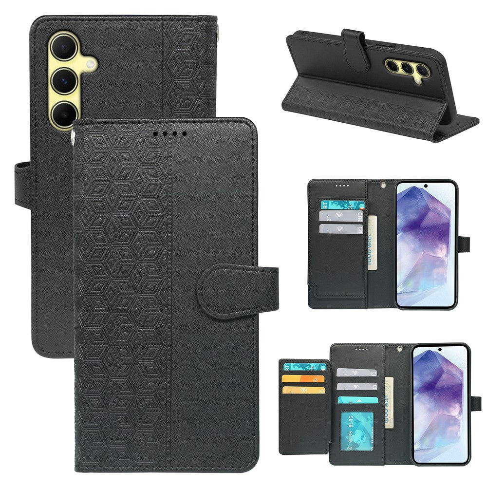 For Samsung Galaxy A57 5G Case with 9 Card Slots Checkered Pattern PU Leather Phone Cover - Black
