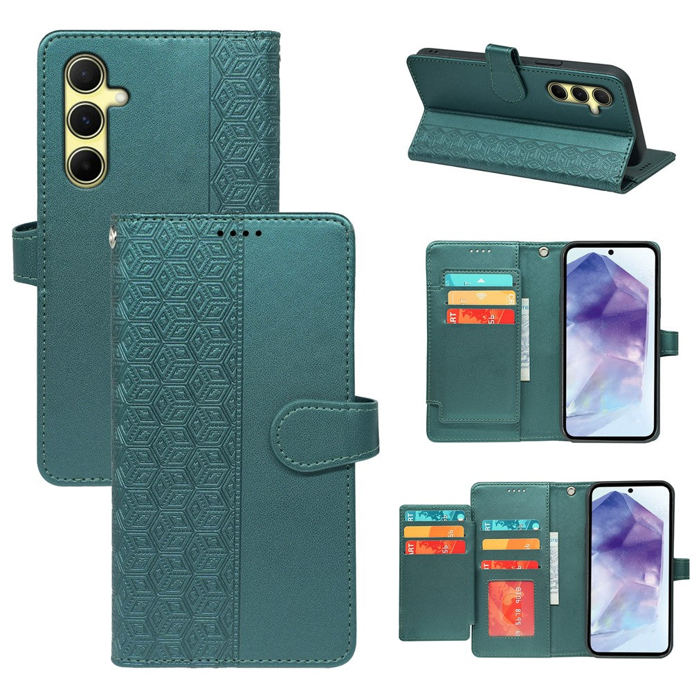 For Samsung Galaxy A57 5G Case with 9 Card Slots Checkered Pattern PU Leather Phone Cover - Green