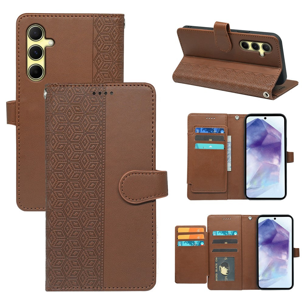 For Samsung Galaxy A57 5G Case with 9 Card Slots Checkered Pattern PU Leather Phone Cover - Brown