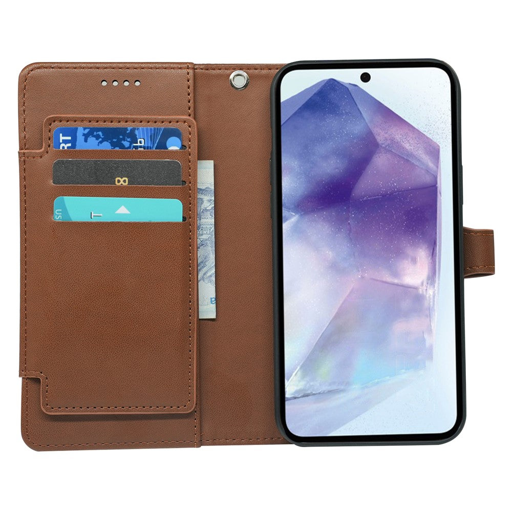 For Samsung Galaxy A57 5G Case with 9 Card Slots Checkered Pattern PU Leather Phone Cover - Brown