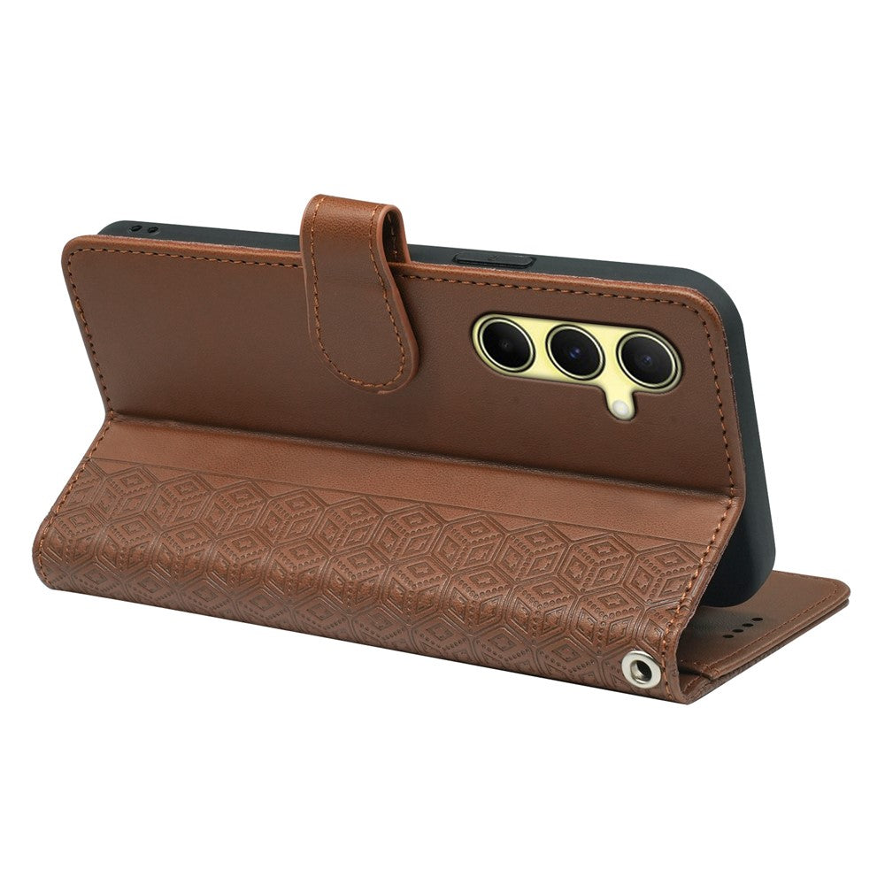 For Samsung Galaxy A57 5G Case with 9 Card Slots Checkered Pattern PU Leather Phone Cover - Brown