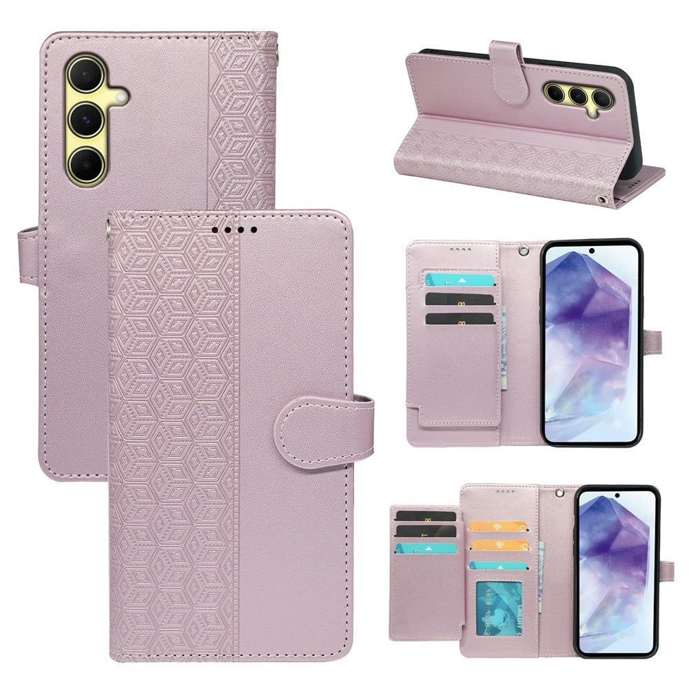 For Samsung Galaxy A57 5G Case with 9 Card Slots Checkered Pattern PU Leather Phone Cover - Rose Gold