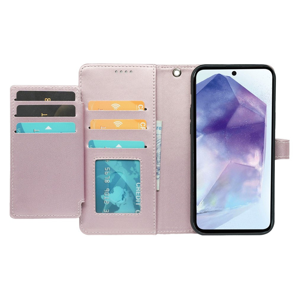 For Samsung Galaxy A57 5G Case with 9 Card Slots Checkered Pattern PU Leather Phone Cover - Rose Gold