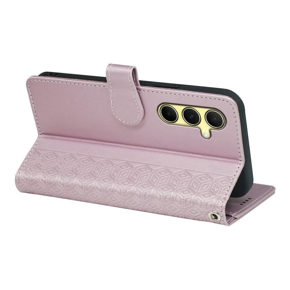 For Samsung Galaxy A57 5G Case with 9 Card Slots Checkered Pattern PU Leather Phone Cover - Rose Gold