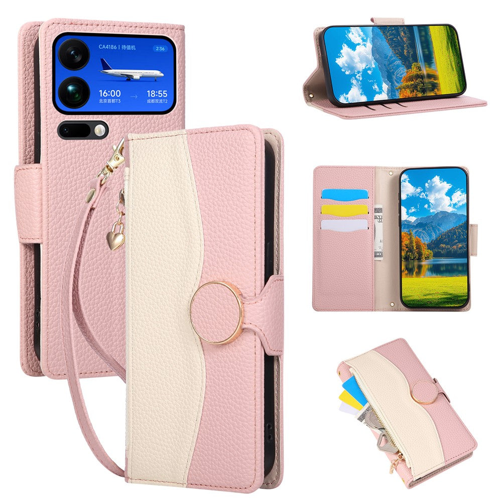 For Xiaomi 17 Pro Max Case Zipper Wallet Color Splicing TPU PU Leather Flip Phone Cover with Strap - Pink