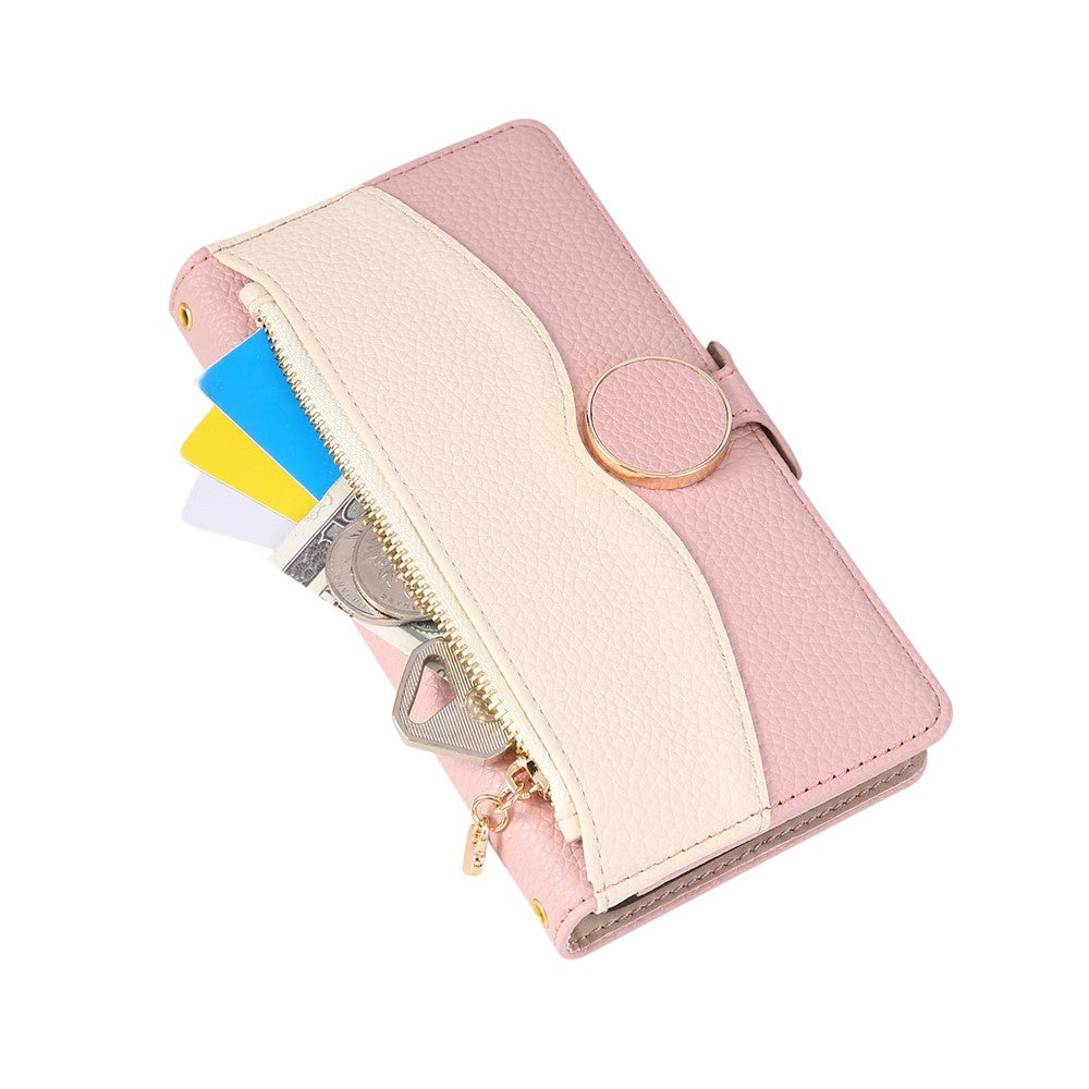 For Xiaomi 17 Pro Max Case Zipper Wallet Color Splicing TPU PU Leather Flip Phone Cover with Strap - Pink