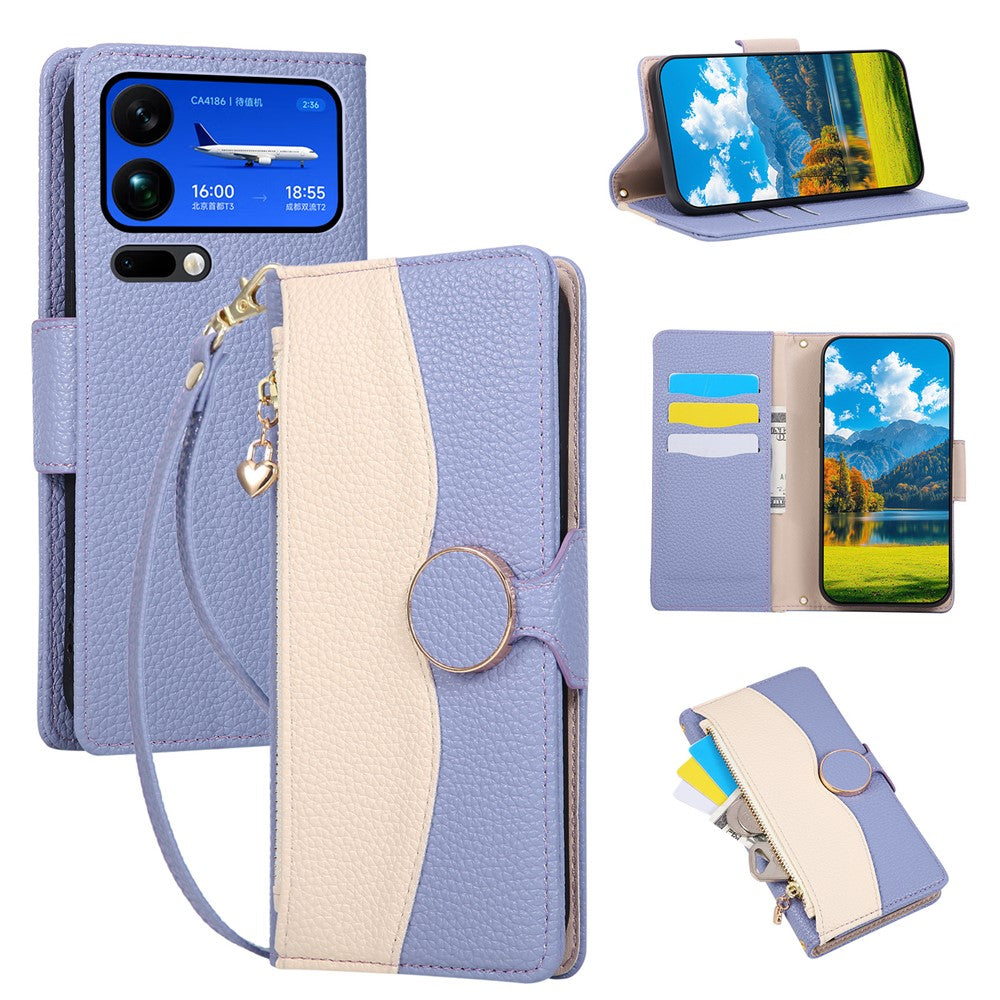 For Xiaomi 17 Pro Max Case Zipper Wallet Color Splicing TPU PU Leather Flip Phone Cover with Strap - Purple
