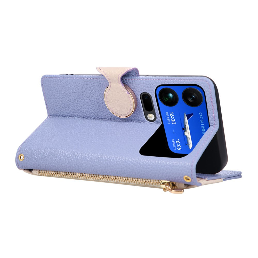 For Xiaomi 17 Pro Max Case Zipper Wallet Color Splicing TPU PU Leather Flip Phone Cover with Strap - Purple