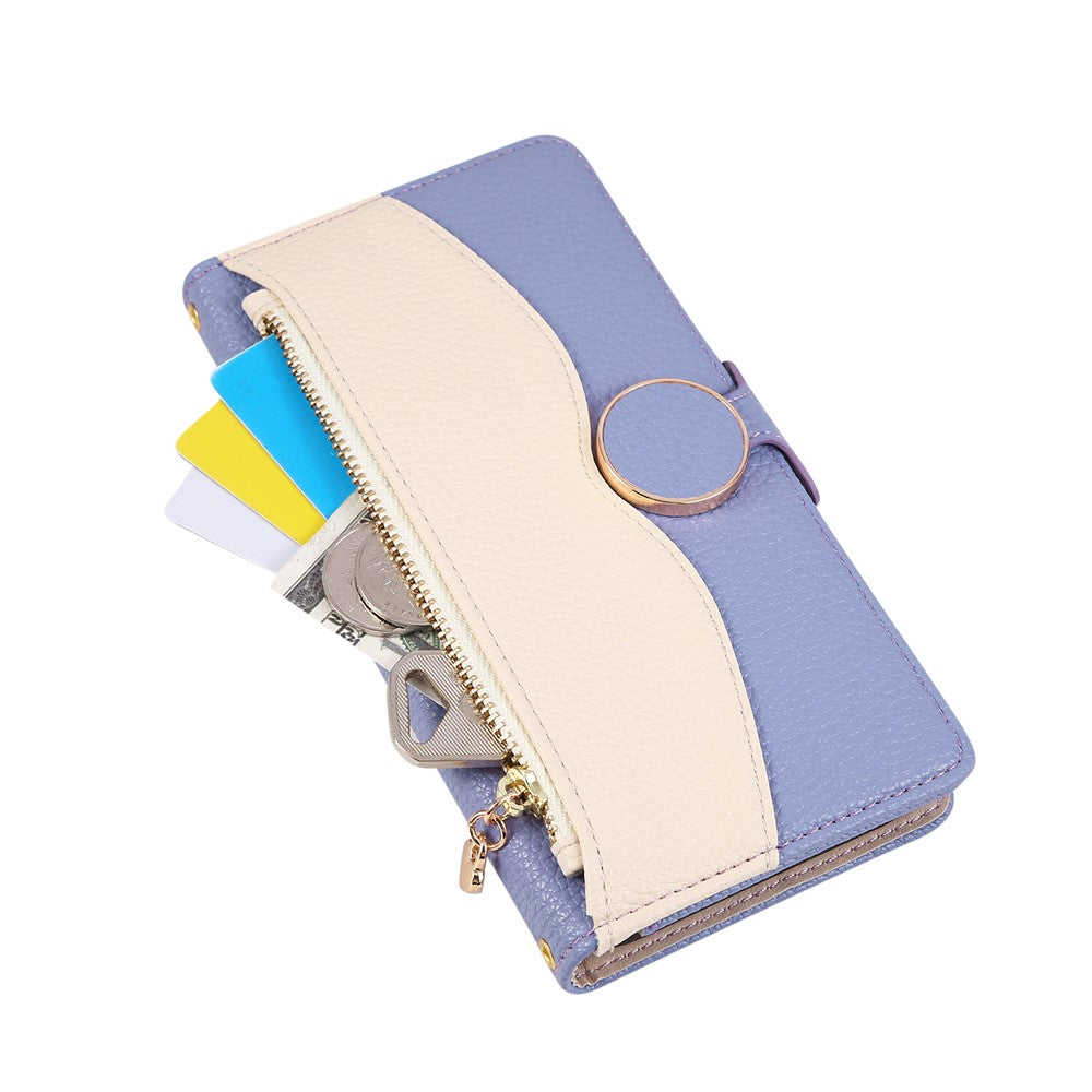For Xiaomi 17 Pro Max Case Zipper Wallet Color Splicing TPU PU Leather Flip Phone Cover with Strap - Purple