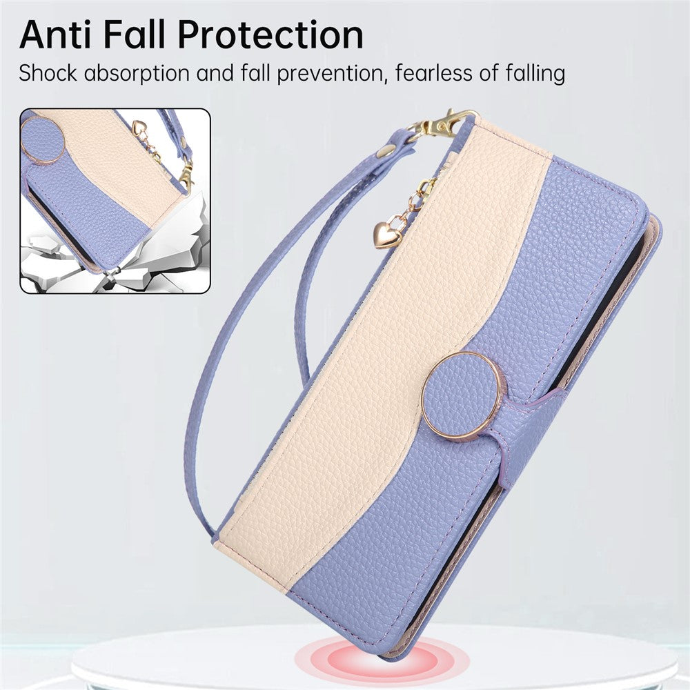 For Xiaomi 17 Pro Max Case Zipper Wallet Color Splicing TPU PU Leather Flip Phone Cover with Strap - Purple