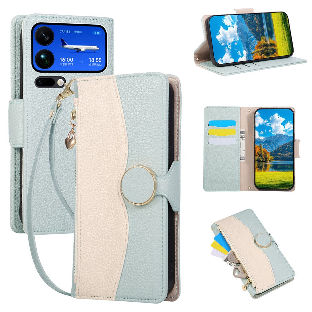 For Xiaomi 17 Pro Max Case Zipper Wallet Color Splicing TPU PU Leather Flip Phone Cover with Strap - Green