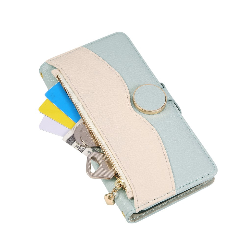 For Xiaomi 17 Pro Max Case Zipper Wallet Color Splicing TPU PU Leather Flip Phone Cover with Strap - Green