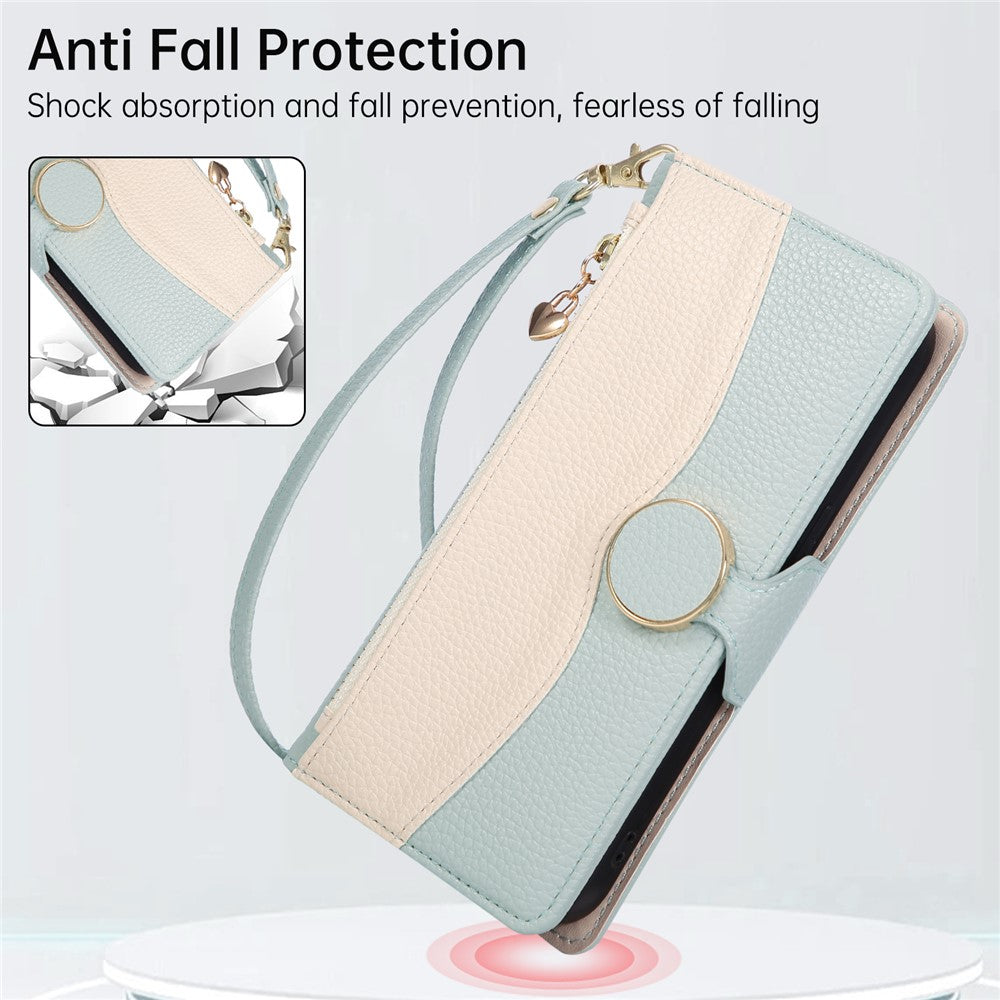 For Xiaomi 17 Pro Max Case Zipper Wallet Color Splicing TPU PU Leather Flip Phone Cover with Strap - Green