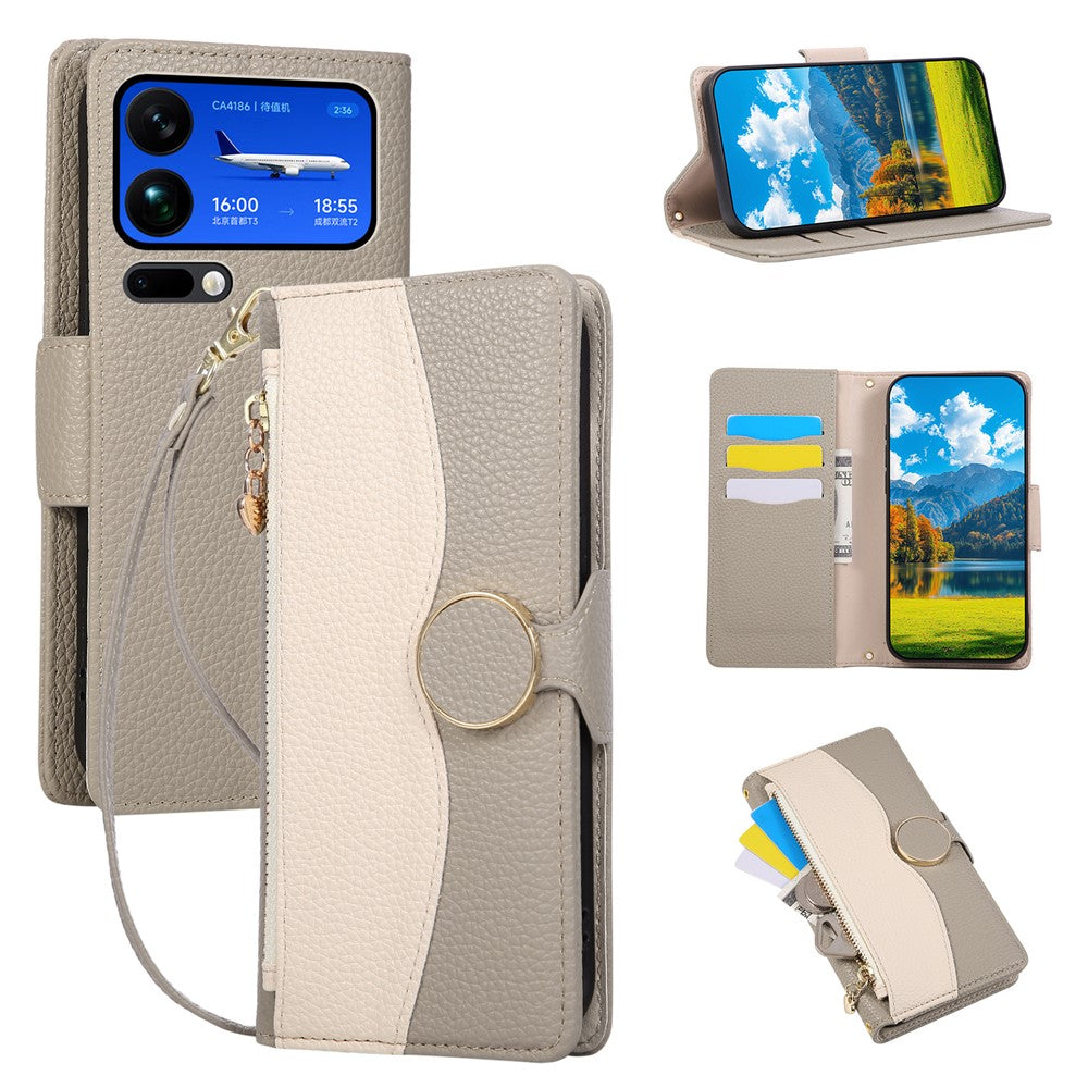 For Xiaomi 17 Pro Max Case Zipper Wallet Color Splicing TPU PU Leather Flip Phone Cover with Strap - Grey