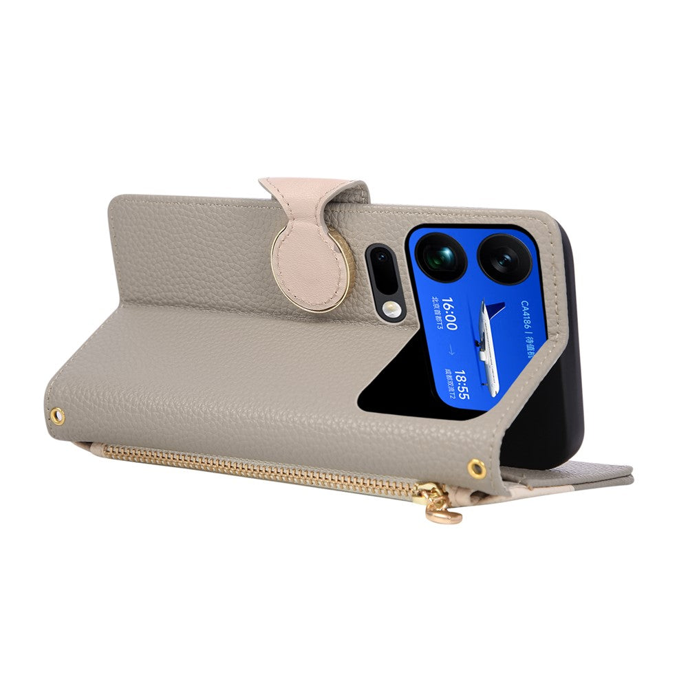 For Xiaomi 17 Pro Max Case Zipper Wallet Color Splicing TPU PU Leather Flip Phone Cover with Strap - Grey