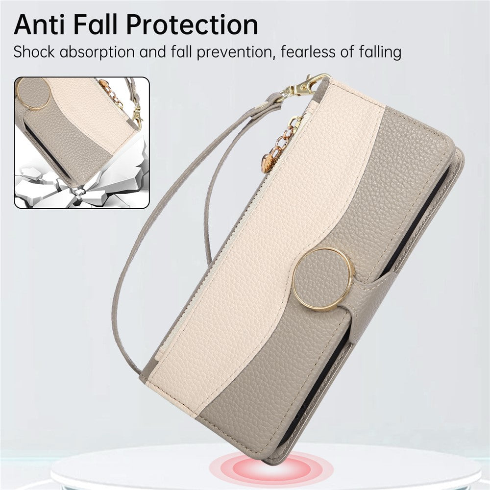 For Xiaomi 17 Pro Max Case Zipper Wallet Color Splicing TPU PU Leather Flip Phone Cover with Strap - Grey