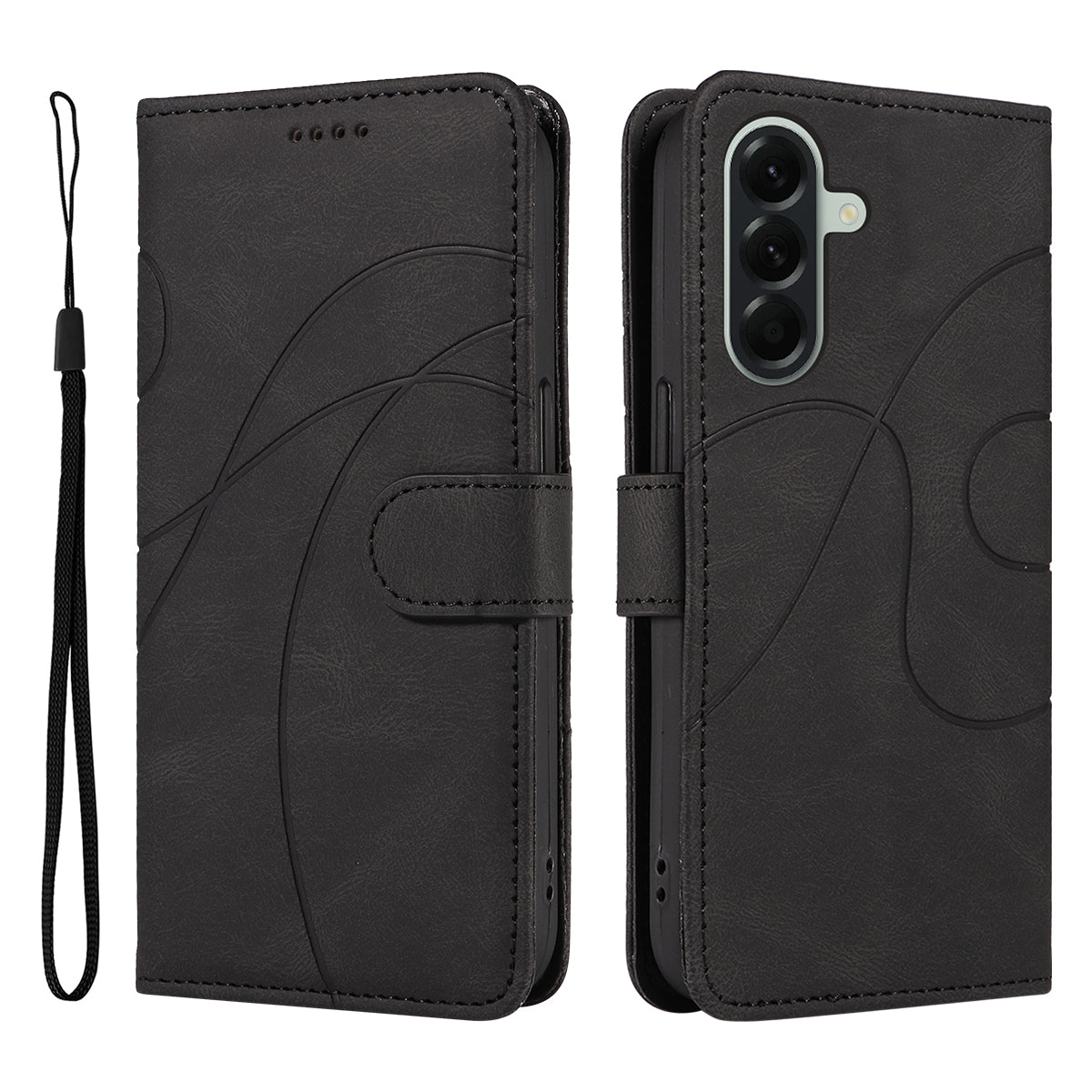 For Samsung Galaxy A57 5G Wallet Case Leather Phone Cover Stand with Curved Line Design -  Black