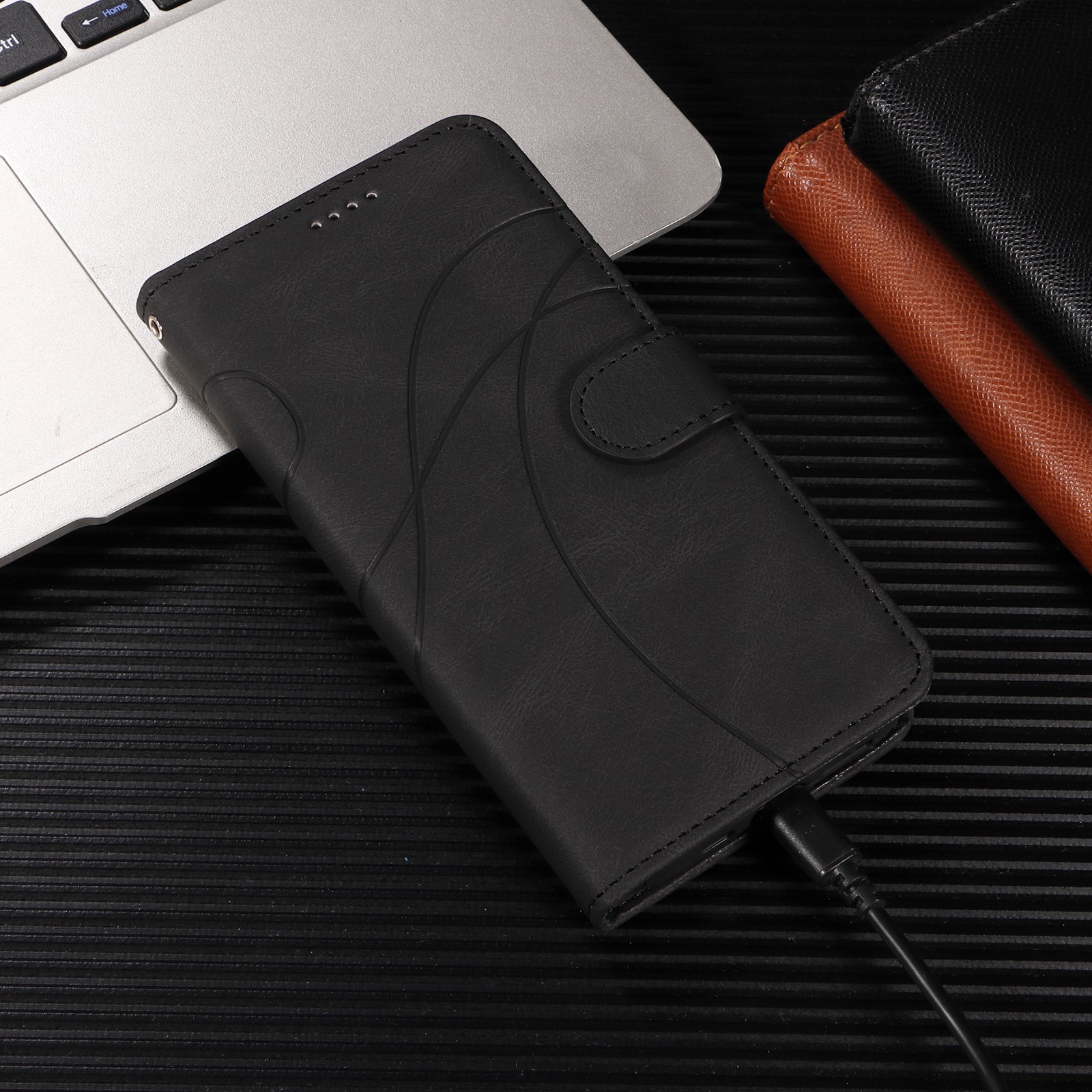 For Samsung Galaxy A57 5G Wallet Case Leather Phone Cover Stand with Curved Line Design -  Black