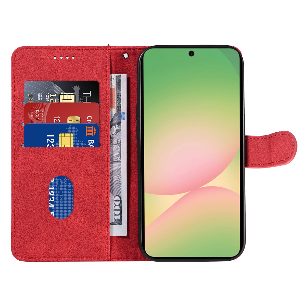 For Samsung Galaxy A57 5G Wallet Case Leather Phone Cover Stand with Curved Line Design - Red