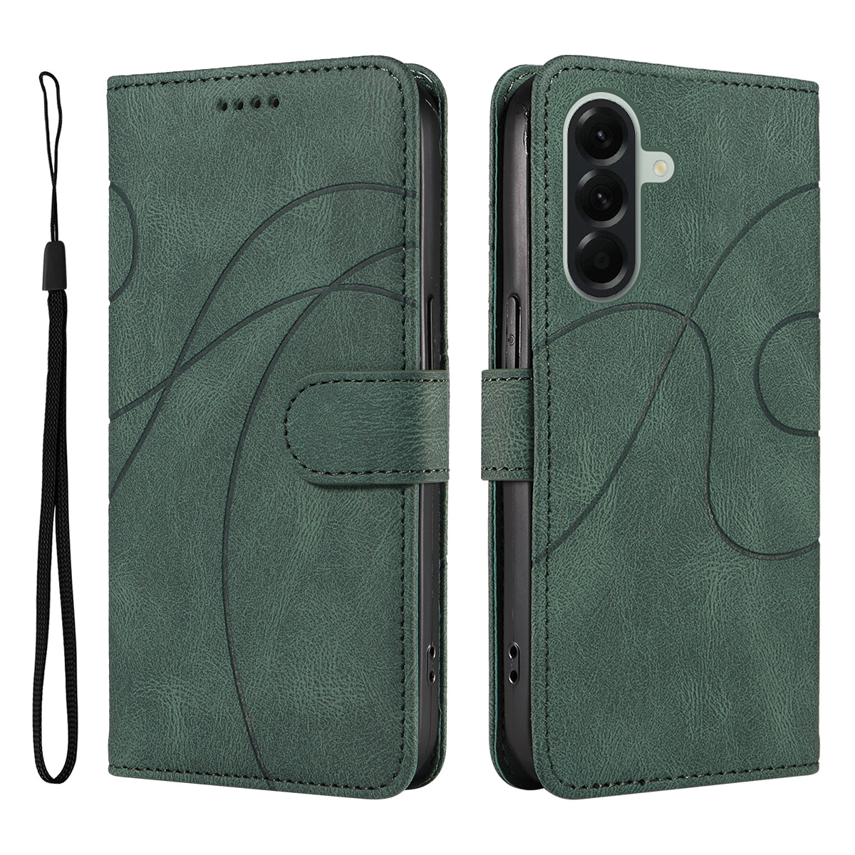 For Samsung Galaxy A57 5G Wallet Case Leather Phone Cover Stand with Curved Line Design - Green
