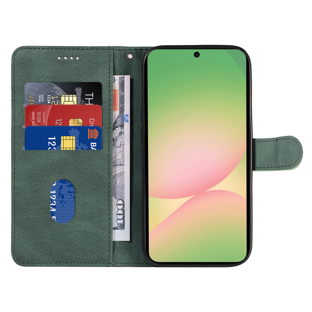 For Samsung Galaxy A57 5G Wallet Case Leather Phone Cover Stand with Curved Line Design - Green