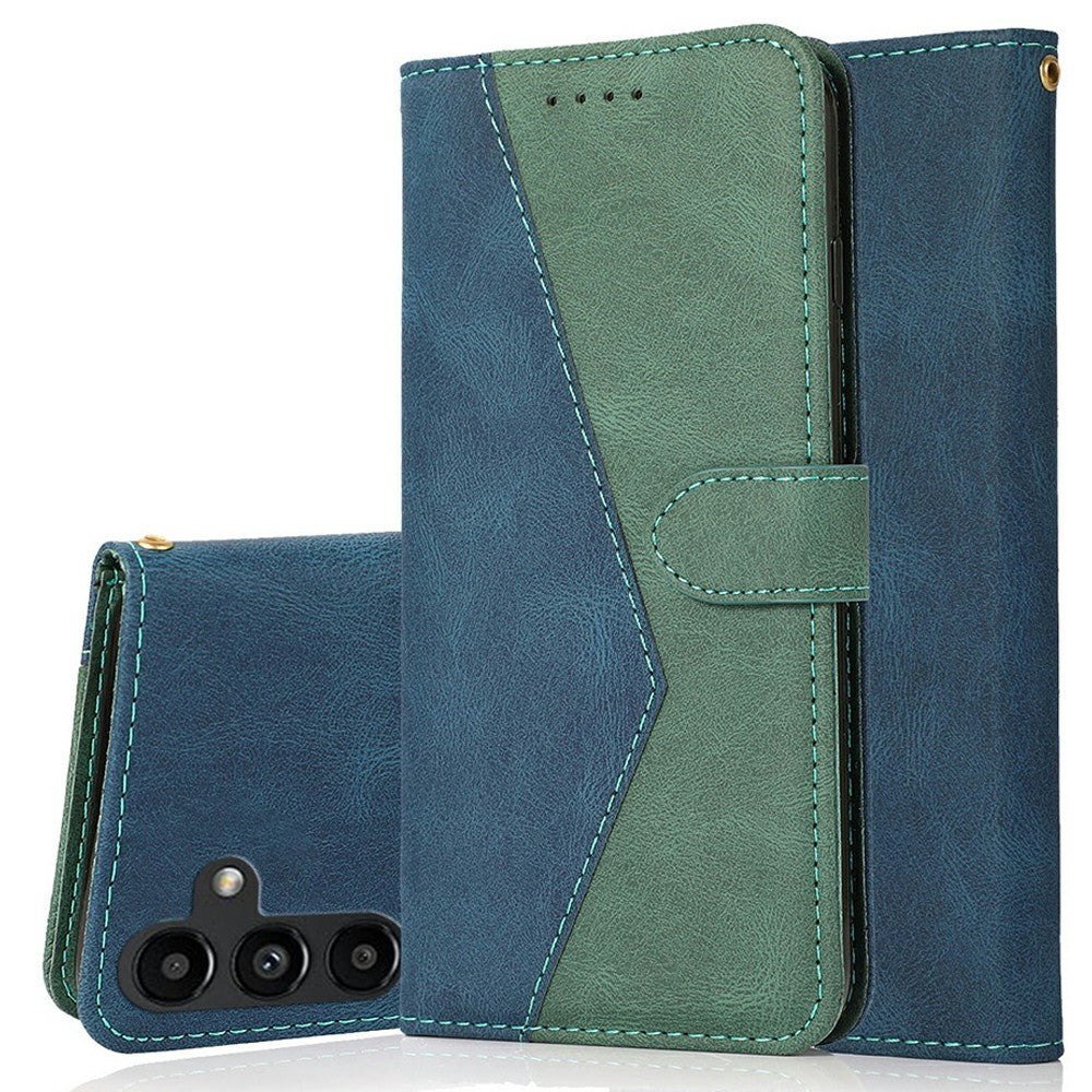 For Samsung Galaxy A57 5G Case Color Splicing Wallet Stand Leather Phone Cover with Wrist Strap - Blue  /  Green