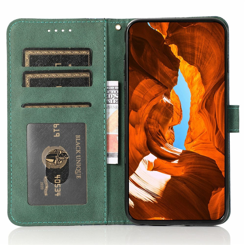 For Samsung Galaxy A57 5G Case Color Splicing Wallet Stand Leather Phone Cover with Wrist Strap - Blue  /  Green